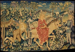 Arazzo di lino che mostra due scene da Der Busant, un poema medievale